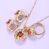 10-Colors Bridal Wedding Costume Red Garnet Charm Bracelet Necklace And Clip Earrings Brazilian Gold-Color Jewelry Set For Women H1022