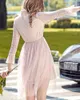 Женщина элегантная розовая кружева поворотный воротник с длинным рукавом вспышки колена длиной сетки платье D0812 210514