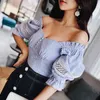 Dabuwawa Blue White Striped Lantern Sleeve Shirts Women Square Neck Slim Fitted Sexy Tops and Blouses Office Lady DT1BST003 210520