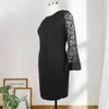 Kadın Artı Boyutu O Boyun Elbiseler Flare Uzun Kollu Dantel Siyah Patchwork Bodycon Ofis Lady Epering Doğum Günü Partisi Cornes 4XL 5XL 210527