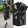 Summer Woman Black Midi Mesh & Chiffon Shirt Dress Plus Size Ruffle Embroidery Sequined Lady Sheer Voile Party Dresses Robe
