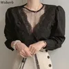 Sweet Vintage Shirts Wome Korean Chic Lace Patchwork Blusas De Mujer Temperament Blouses Women Elegant White Tops 95033 210519