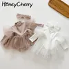 Spring Korean baby Bodysuits Puff lace dress girl clothes(have hair band) 210515