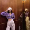 Runway Bow Lovertjes Single Breasted Short Sexy Streetwear Purple Lantern Sleeve Chic Cardigan Vrouwen Top Trek Femme 210421