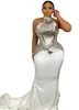 2021 Plus Size Árabe Aso Ebi Branco Sereia Sexy Vestidos de Baile Gola Alta Cetim Elegante Noite Festa Formal Segunda Recepção Vestidos 278O