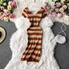 Sexy V Neck Short Sleeve Split Knitted Dress Women Chic Slim High Waist Wrap Hip Bottom All-match Elegant Retro Casual Elastic 210610