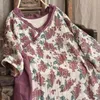 Abiti vintage in lino da donna Johnature Stampa abiti floreali Abiti con scollo a V allentati Sette maniche Autunno Abiti stile cinese femminile 210521