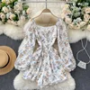Korean Floral Jumpsuit Women Ruches V Neck Puff Sleeve Office Rompers Autumn Boho Print Holiday Wide Leg Short Rompers 210715