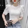 Summer Lace Kvinnors Blus Högkvalitativ Koreansk Kortärmad Mode Round Collar Shirt Floral Hollow Loose Toppar 14189 210521
