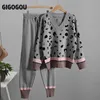GIGOGOU Spring Women Knitted Tracksuits 2 Piece Sets Costume V Neck Leopard Pullover Sweater + Pencil Pants Suits 210930