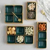 Green gold rim Ceramic Dish Fruits Platter Creative Porcelain Snack Dessert Plate Natural Bamboo Serving Tray holder Tableware