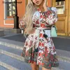 Vintage Sukienka Kobieta V-Neck Zielony Drukowane Jednorzędne Maxi Vestido Kobiet Boho Elegancka Lato Es Odzież 210603