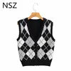 NSZ women argyle style sweater vest fall fashion crop top sleeveless knitted cardigan jumper tank waistcoat 210819