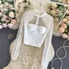 Autumn Style Lace Hollow Top Women's Round Neck Hanging Net Yarn Chain Link Stitching Long-sleeved Short UK317 210506