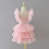 Çiçek Kız Elbise Flare Kollu Skoring Katmanlı Kek Elbise Prenses Parti Düğün Gösterisi için Çocuk Giysileri E1960 210610