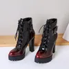 Boucle en cuir véritable plate-forme super haut talon bottes courtes femmes chaussures bout pointu bloc talons zip à lacets cheville 41 210517