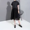 New Fashion Woman Summer Korean Style Black Pleated Shirt Dress Chiffon Patchwork Lapel Ladies Cute Casual Midi Dress Robe 6168 210401