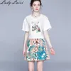 Fashion Runway 2 Pieces Set Women O-neck Short Sleeve Floral print Loose Tshirts Top + Deer Mini Skirt 210529