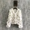 女性の毛皮のファックス2021本物の編み物手作りセーターかぎ針編みの花甘いコートとジャケットの女性の冬の服の秋