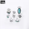 S2251 Fashion Jewelry Ethnic Style Ring Retro Turquoise Carved Geometric Rings Set 8pcs/set