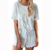 Verloop Loose Trainingspak Vrouwen Set Zomer Casual O Hals Korte Mouw T-shirt Top Lace Up Ruche Shorts Dames Huis 2 Stks Outfits 210507