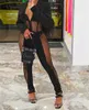 Kvinnors tvådelade byxor Cutubly Woman Set Byxor kostym med långärmad Playsuit Toppar 2 Sets Black Sheer Mesh Sexy V Neck Clothing Outfits