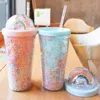 450ml Cute Cute Arco-íris Canecas Cup Plástico Duplo Com Stuts Pet Material Para Crianças Adult Girlfirend Presente por Sea Llb10955