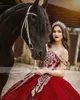 Elegant Red Sweetheart Ball Gown Quinceanera Dresses Off The Shoulder Court Train Appliques Plus Size Prom Party Wears For Sweet 15 16 Vestidos De