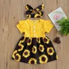 Focusnorm zomer baby baby meisjes jurk zonnebloemen / luipaard print patchwork korte mouw knielengte A-lijn jurk hoofdband Q0716