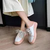 Meotina Leather Mules Women Platform Wedge Shoes Round Toe Casual Sneakers Mid Heel Mules Slip-On Lady Footwear Pink Green Blue 210520