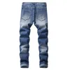 Herren Jeans Cross Border Wear Loch Slim Hellblau Zweifarbige Lokomotive Stickerei Außenhandelshose