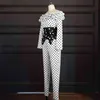 White Polka Dot Bodycon Jumpsuit Women Off Shoulder Ruffle Patchwork Black Peplum Sexy Long Sleeve Elastic Party Overall Pants 210527