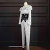 White Bodycon Bodycon Jumpsuit Mulheres fora do ombro Ruffle Patchwork Black Peplum Sexy Manga Longa Partido Elástico Calças Globais 210527