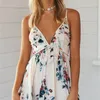 バックレスミニドレス夏vネックビーチサンドレス女性白い花柄プリントドレスボホ植木のショートドレス210415