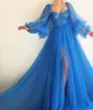 Sexy blauw lange gezwollen mouw tulle a lijn prom dresses lieverd hoge kant split vloer lengte formele speciale gelegenheid feestjurken avondjurk op maat gemaakt