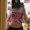 Damska koszulka Vintage Floral Print Tshirts Kobiety Z Długim Rękawem Grunge Odzież Streetwear Retro 90. Moda Crop Top Slim Słodki