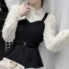 Kimutomo Casual Fake Two Piece Panelled Blouse Women Spring Lace Patchwork Female Stand Collar Lantern Sleeve Wild Tops 210521