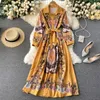 Singreiny Retro Impressão Maxi Vestido Mulheres Chic Coloque Colares Botão A-Linha Vestido Outono Coreano Boho Floral Corte Vento Longo Robe 210419