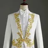 (Jacket+Pants) 2 Piece Wedding Suit White Embroidery Tailcoat Set Singer Host Swallowtail Costumes Magician Chorus Stage Suits X0909