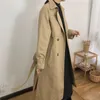 Casaco de trench para mulheres casuais colarinho colar de cor sólida primavera Khaki Double Breasted Breasted Outono X-Long OverCoat 210625