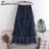 Printemps Été Longue Tulle Jupe Femmes Coréen Patchwork Plaid Mesh Sun School Taille Haute Maxi Plested Femelle 210421