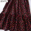 Women Vintage V Neck Rose Flower Print Pleats Ruffles Midi Dress Female Bow Sashes Chic Vestido Casual Cloth DS5026 210416