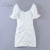 Femmes d'été blanc mini manches courtes simple boutonnage sexy robe crayon moulante 210415