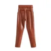 Vintage belt black PU pants women Joggers casual high waist Streetwear female Faux Leather Trousers 210521