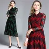 HIGH QUALITY Spring Lace Dress Work Casual Slim Fashion O-neck Sexy Hollow Out Green Red Dresses Women Vintage Vestidos 210603