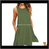 Dresses Womens Clothing Apparel Drop Delivery 2021 Summer Casual Pockets Cotton T-Shirt Sleeveless Loose Solid Tank O-Neck Plus Size Women Mi