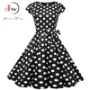 Siyah Beyaz Polka Dot Vintage Elbise Yaz Kadın Çiçek Baskı Kısa Kollu Retro Robe Rockabilly Elbiseler Parti Jurkjes 210409