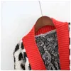 H.SA Women Fashion Long Sweater Open Stitch Leopard Casual Cardigans Red and Yellow Oversized Knit Jacket Out Coat 210417