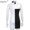 Nadafair Off Schouder Halter Mini Jurk Zwart Wit Patchwork Mouwloze Sexy Bodycon Jurk Party Dames Zomer 2021 Y1006