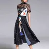 Black Chiffon Lace Patchwork Print Stand Collar Zipper Short Sleeve Empire Midi Long Dress Elegant Summer D1623 210514